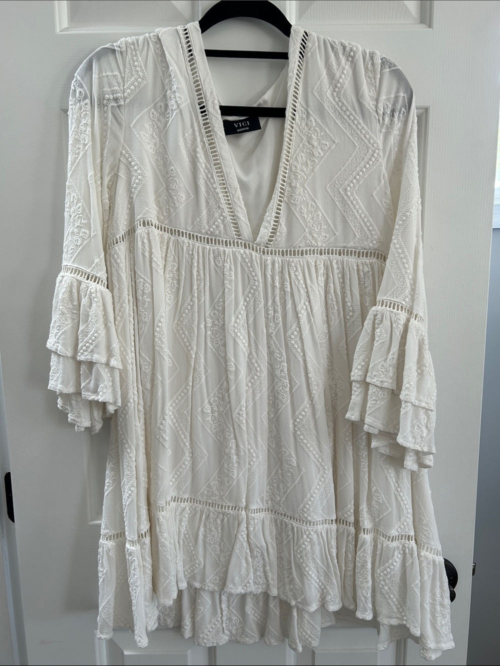 VICI White Embroidered V-Neck Tiered Dress